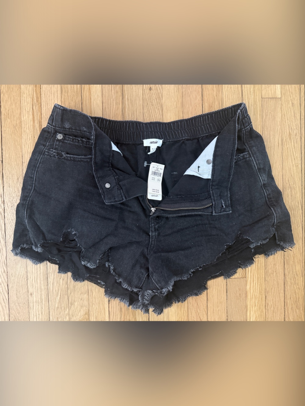 aerie Black Distressed Frayed Hem Denim Shorts with Elastic Waist
